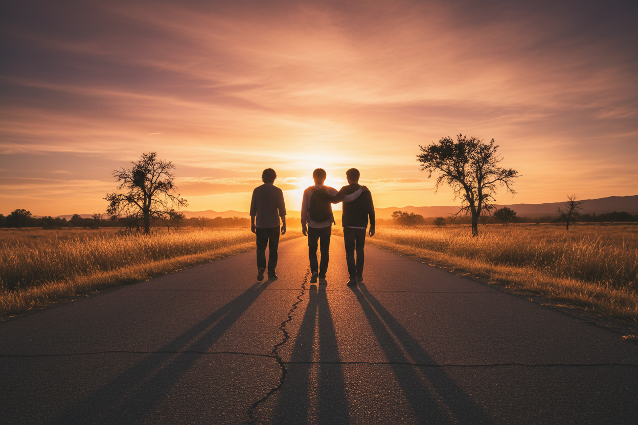 Three friends walking together at sunset in a real-life story about loss and survival