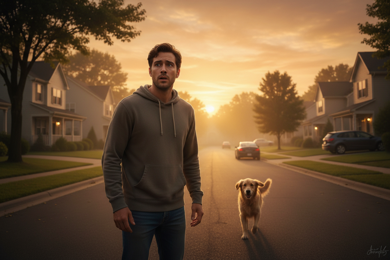 An international student walking with a dog on a quiet street in America at sunset