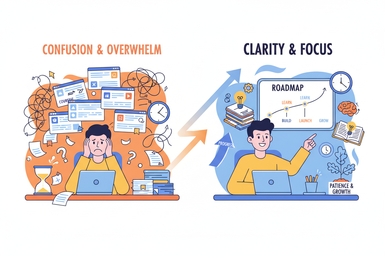 Beginner entrepreneur moving from confusion to clarity in online business
