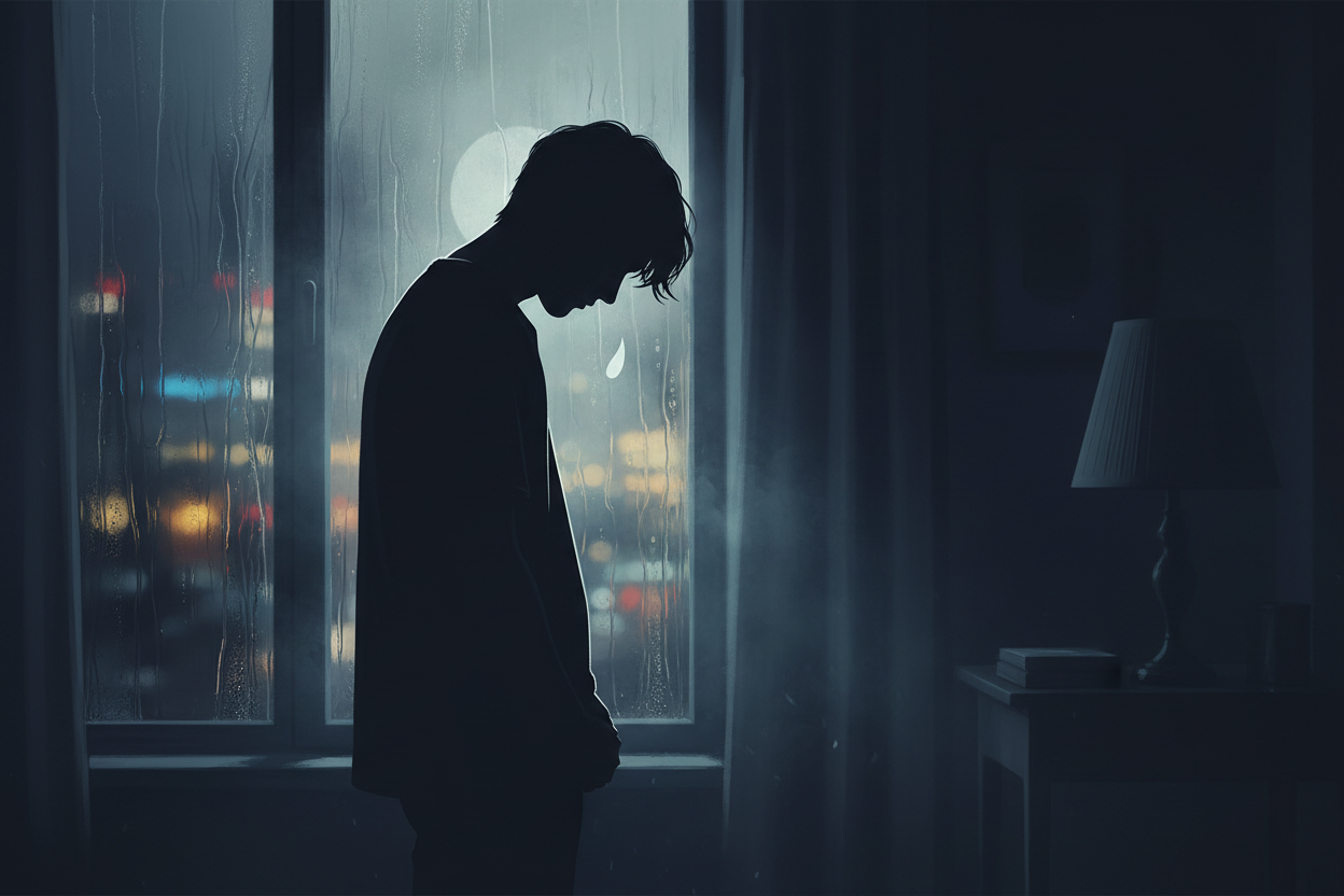 A young man standing in silence, caught between grief and survival.